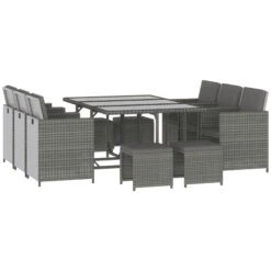 Outsunny 11 Pieces Patio Wicker Dining Sets, Space Saving Outdoor Sectional Conversation Set, With Dining Table, Ottoman And Chair & Cushioned For Lawn Garden Backyard, Dark Grey