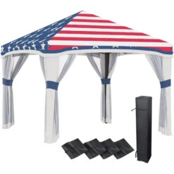 Outsunny 10' X 10' Pop Up Canopy Tent With Netting, Instant Tents For Parties, Height Adjustable, With Wheeled Carry Bag And 4 Sand Bags For Outdoor, Garden, Patio, American Flag