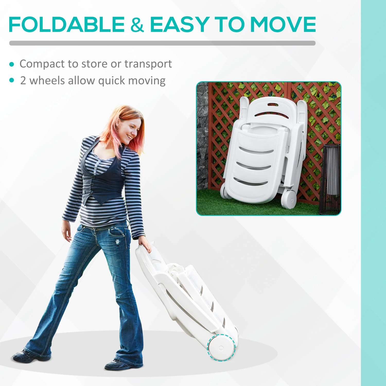 Outsunny Folding Chaise Lounge Chair On Wheels, Lightweight Plastic Patio Sun Recliner With 5 Position Backrest For Beach & Pool, White 6 Outsunny Folding Chaise Lounge Chair On Wheels, Lightweight Plastic Patio Sun Recliner With 5 Position Backrest For Beach & Pool, White - Image 6