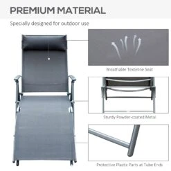Outsunny Outdoor Folding Chaise Lounge Chair, Portable Lightweight Reclining Sun Lounger With 7-Position Adjustable Backrest & Pillow For Patio, Deck, And Poolside, Grey -Outsunny ltT75618006e8593d