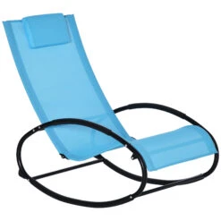 Outsunny Outdoor Rocking Chair Patio Pool Lounger With Pillow, Rocker With Breathable Mesh Fabric, Curved Armrests For Backyard, Deck, And Poolside, Blue