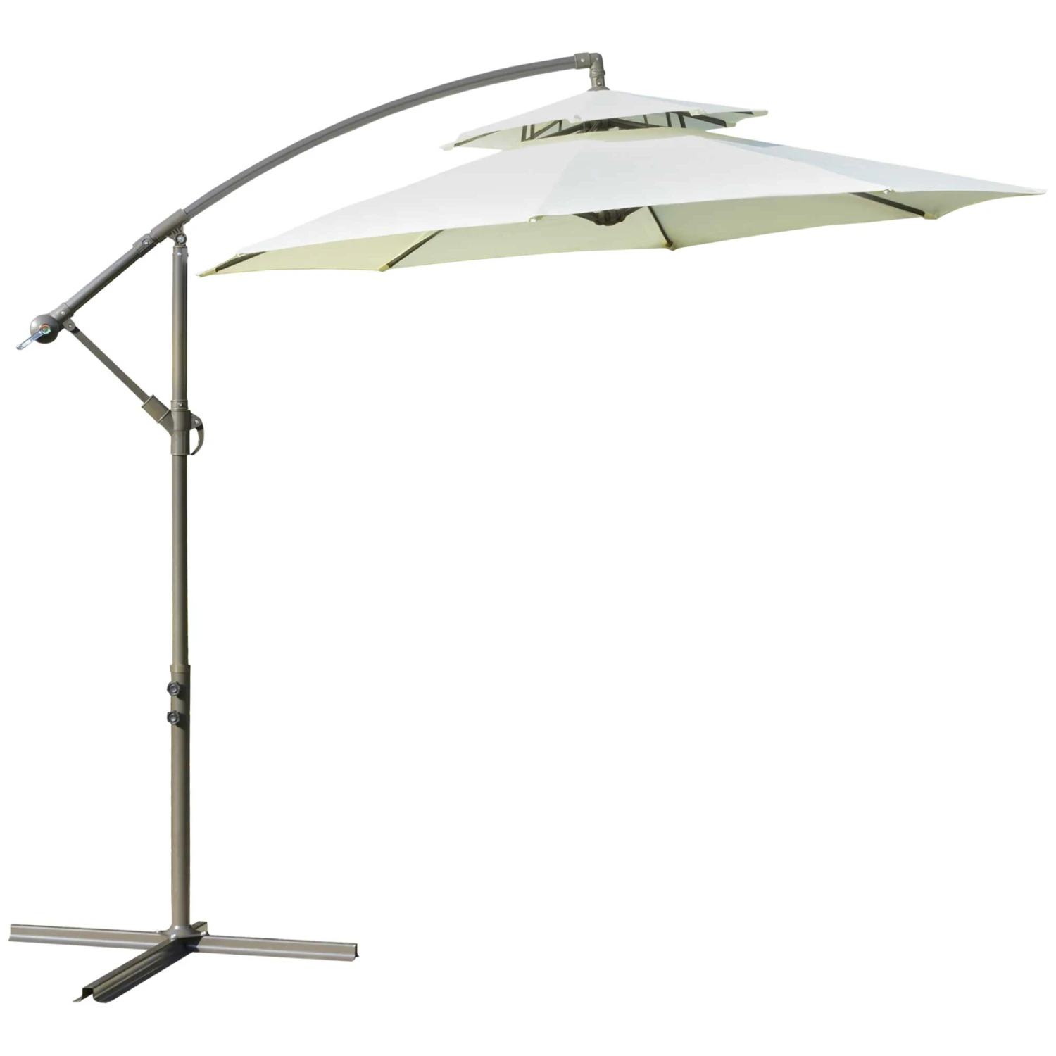 Outsunny 9' Offset Patio Umbrella With Base, Steel Hanging Cantilever Umbrella, 2-Tier Easy Tilt Polyester Shade, 8 Ribs, Crank, Cross Base, Beige 1 Outsunny 9' Offset Patio Umbrella With Base, Steel Hanging Cantilever Umbrella, 2-Tier Easy Tilt Polyester Shade, 8 Ribs, Crank, Cross Base, Beige