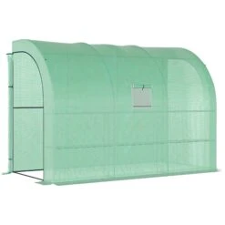 Outsunny 10' X 5' X 7' Lean To Greenhouse, Walk-In Green House, Plant Nursery With 2 Roll-up Doors And Windows, PE Cover And 3 Wire Shelves, Green