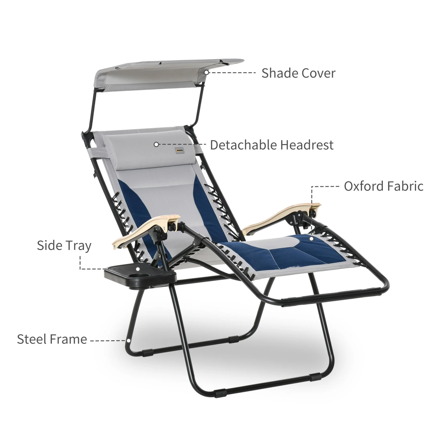 Outsunny Folding Zero Gravity Outdoor Recliner Patio Lounge Chair, Canopy Sun Shade, Headrest, Table Tray, Oxford Fabric, Blue 8 Outsunny Folding Zero Gravity Outdoor Recliner Patio Lounge Chair, Canopy Sun Shade, Headrest, Table Tray, Oxford Fabric, Blue - Image 8