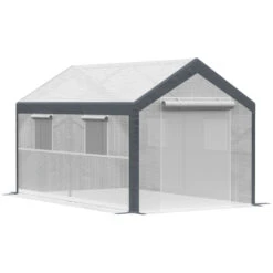 Outsunny 12' L X 7' W X 7' H Outdoor Walk-In Tunnel Greenhouse, Garden Warm Hot House With Roll Up Windows, Zippered Mesh Door, And Weather Cover, White/Dark Grey