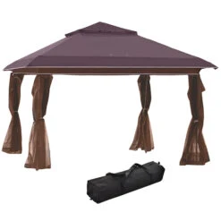 Outsunny 12' X 12' Pop Up Canopy Tent With Netting And Carry Bag, Instant Sun Shelter With 137 Sq.ft Shade, Tents For Parties, Height Adjustable, For Outdoor, Garden, Patio, Brown