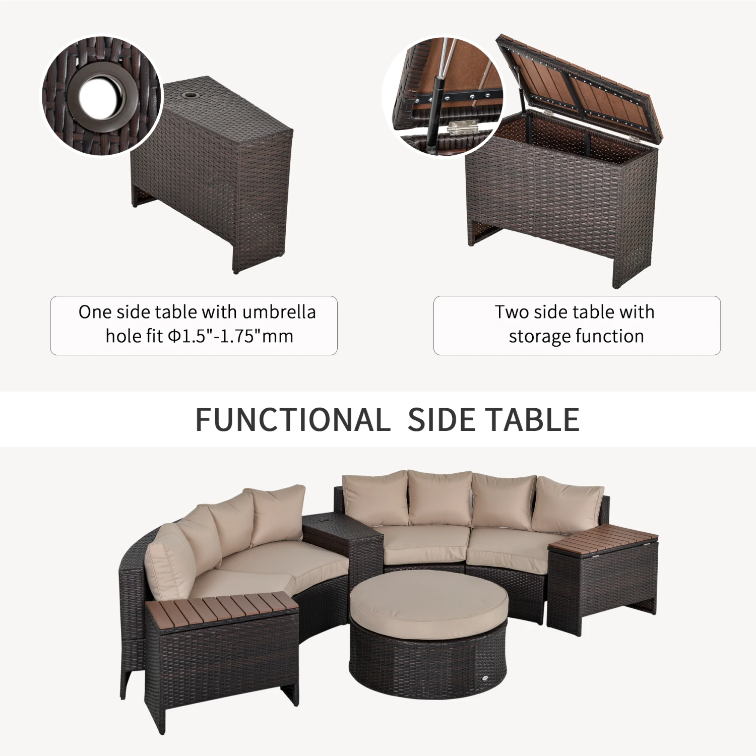 Outsunny 8 Piece Outdoor Rattan Sofa, Half Round Patio Furniture Set With Side Tables, Umbrella Hole, And Cushions, Beige 6 Outsunny 8 Piece Outdoor Rattan Sofa, Half Round Patio Furniture Set With Side Tables, Umbrella Hole, And Cushions, Beige - Image 6