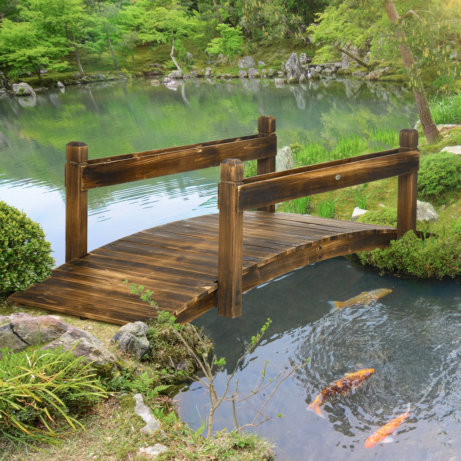Outsunny 7.5' Wooden Garden Bridge With Planters, Stained Finish Arc Footbridge With Safety Railings For Backyard, Pond Stream, Stained Wood 2 Outsunny 7.5' Wooden Garden Bridge With Planters, Stained Finish Arc Footbridge With Safety Railings For Backyard, Pond Stream, Stained Wood - Image 2