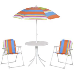 Outsunny Kids Folding Table And Chairs Set Color Stripes For Outdoor Garden Patio Backyard With Removable & Height Adjustable Sun Umbrella, Multi