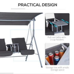 Outsunny 2 Person Porch Swing With Stand, Outdoor Swing With Canopy, Pivot Storage Table, 2 Cup Holders, Cushions For Patio, Backyard, Gray 20 Outsunny 2 Person Porch Swing With Stand, Outdoor Swing With Canopy, Pivot Storage Table, 2 Cup Holders, Cushions For Patio, Backyard, Gray -Outsunny n4m88c17fe800f52c