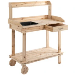 Outsunny 36'' Wooden Potting Bench Work Table With 2 Removable Wheels, Sink, Drawer & Large Storage Spaces, Natural
