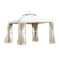 Outsunny 10' X 10' Patio Gazebo With Corner Frame Shelves, Double Roof Outdoor Gazebo Canopy Shelter With Netting, For Patio, Wedding, Catering & Events, Cream White