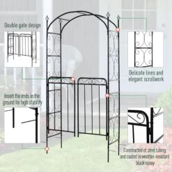 Outsunny Garden Arbor Arch Gate With Trellis Sides For Climbing Plants, Wedding Ceremony Decorations, Grape Vines, Locking Doors, Flourishes & Arrow Tips, Black -Outsunny n9y81d17e71fe5a39