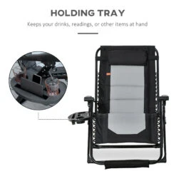 Outsunny Foldable Outdoor Lounge Chair With Footrest, Oversized Padded Zero Gravity Lounge Chair With Headrest, Side Tray, Cup Holders, Armrests For Camping, Lawn, Garden, Black -Outsunny nBW88c17f4e7326b7