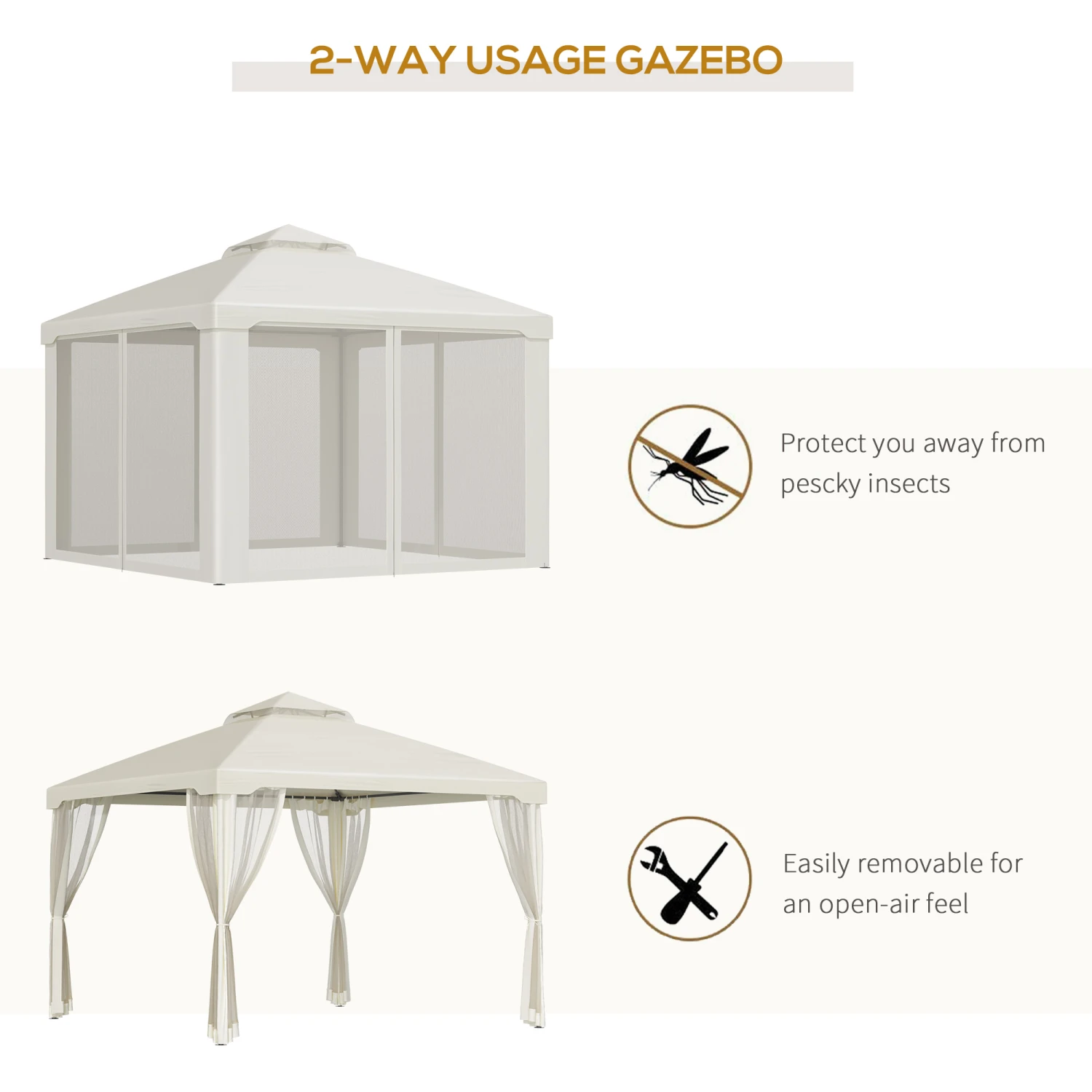 Outsunny 10' X 10' Patio Gazebo Outdoor Canopy Shelter With 2-Tier Roof And Netting, Steel Frame For Garden, Lawn, Backyard And Deck, Cream White 5 Outsunny 10' X 10' Patio Gazebo Outdoor Canopy Shelter With 2-Tier Roof And Netting, Steel Frame For Garden, Lawn, Backyard And Deck, Cream White - Image 5