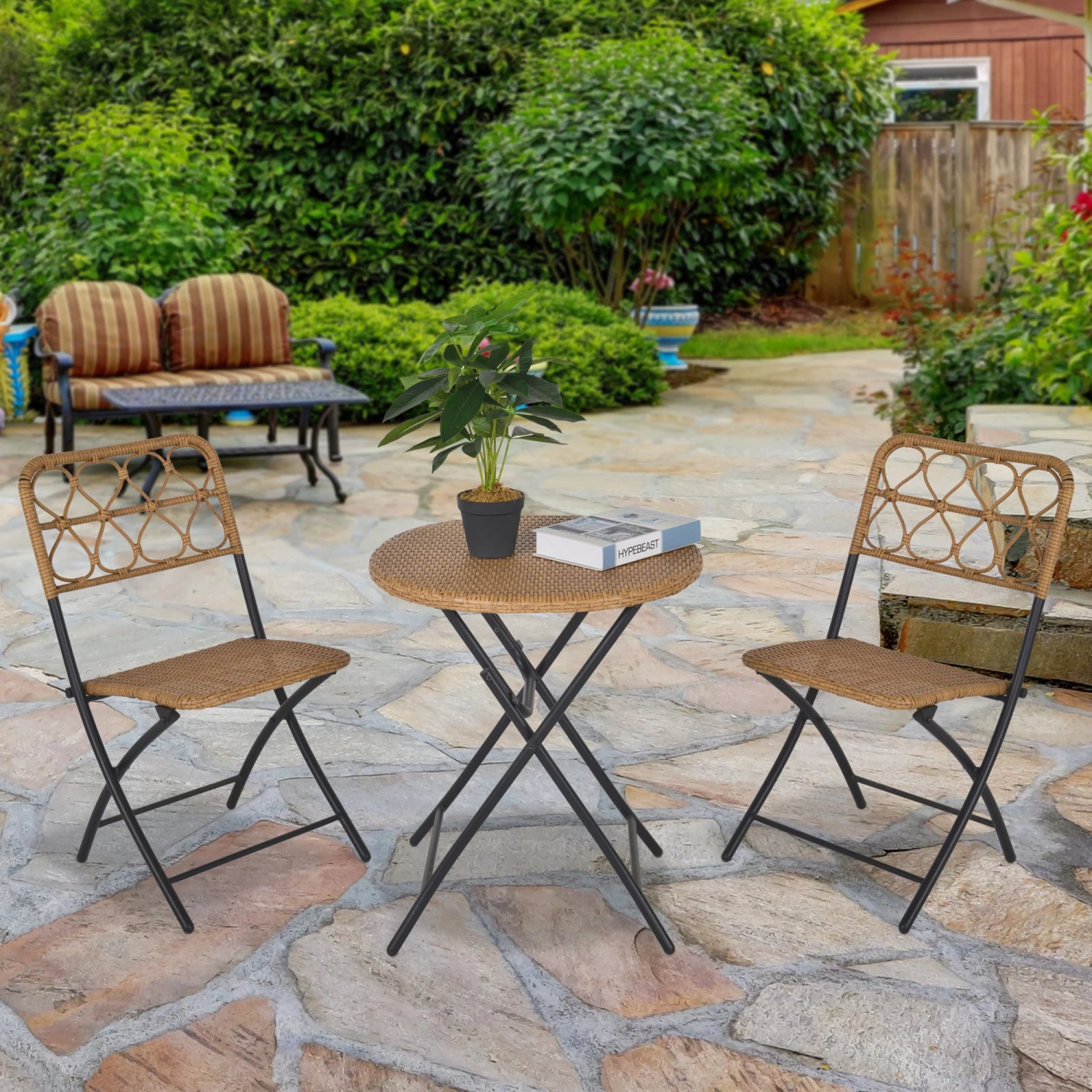Outsunny 3 PCS Rattan Wicker Bistro Set With Easy Folding, Hand Woven Rattan Coffee Table And Chairs For Outdoor Lawn, Pool, Balcony & Garden, Natural 2 Outsunny 3 PCS Rattan Wicker Bistro Set With Easy Folding, Hand Woven Rattan Coffee Table And Chairs For Outdoor Lawn, Pool, Balcony & Garden, Natural - Image 2