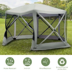 Outsunny 6-Sided Hexagon Pop Up Party Tent Gazebo With Mesh Netting Walls & Shaded Interior, 12' X 12', Beige -Outsunny nds88c1821eaa71c4