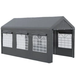 Outsunny 10' X 20' Party Tent & Carport, Height Adjustable Portable Garage, Outdoor Canopy Tent With Mesh Windows, Zippered Door, For Car, Truck, Boat, Motorcycle, Bike, Garden Tools, Dark Gray