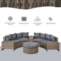 Outsunny 8 Piece Outdoor Rattan Sofa, Half Round Patio Furniture Set With Side Tables, Umbrella Hole, And Cushions, Mixed Grey -Outsunny nqm20617e697b74a9