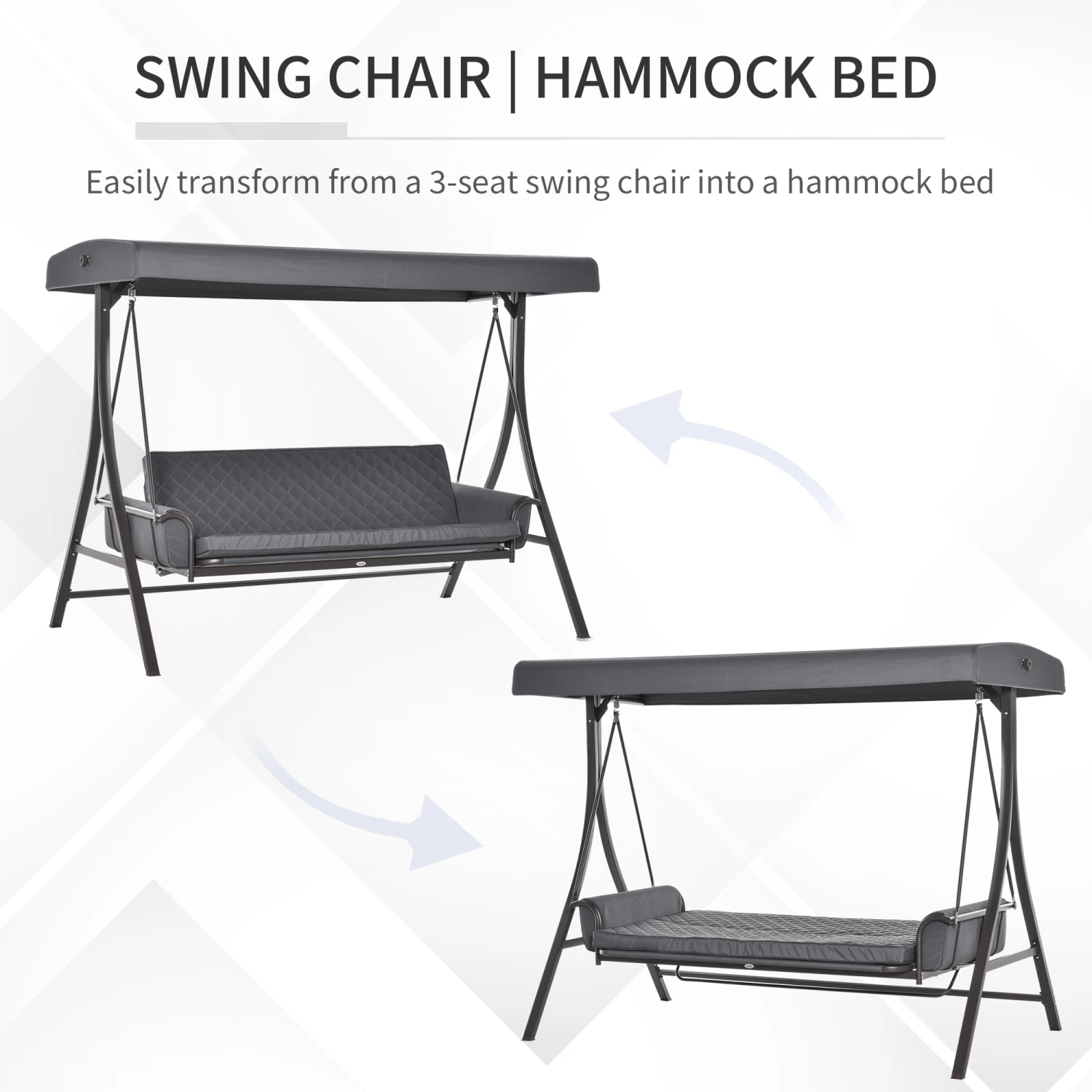 Outsunny 3-Seat Patio Swing Chair, Converting Flatbed, Outdoor Porch Swing Glider With Adjustable Canopy, Removable Cushions, Pillows For Garden, Poolside, Backyard, Gray 4 Outsunny 3-Seat Patio Swing Chair, Converting Flatbed, Outdoor Porch Swing Glider With Adjustable Canopy, Removable Cushions, Pillows For Garden, Poolside, Backyard, Gray - Image 4