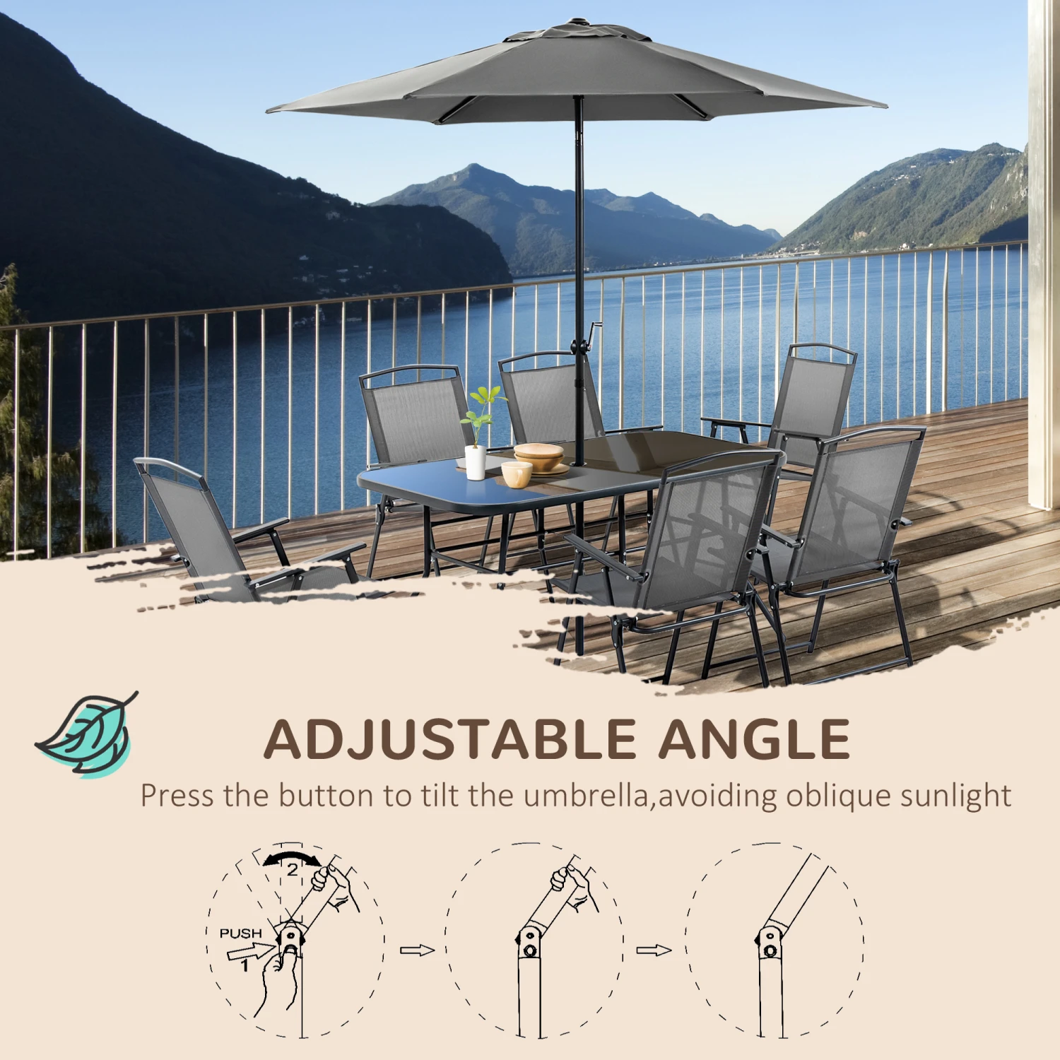 Outsunny 8 Piece Patio Dining Set With Table Umbrella, 6 Folding Chairs And Rectangle Dining Table, Outdoor Patio Furniture Set, Black 6 Outsunny 8 Piece Patio Dining Set With Table Umbrella, 6 Folding Chairs And Rectangle Dining Table, Outdoor Patio Furniture Set, Black - Image 6