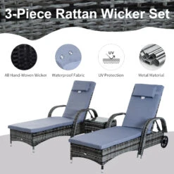 Outsunny 3 Piece Outdoor Furniture Set, 2 Reclining Chaise Lounge Chairs, Rolling Wheels, Armrests, Headrests, Thickly Cushioned, 1 Side Table, PE Plastic Rattan, Grey -Outsunny oBOa0918243e743bb