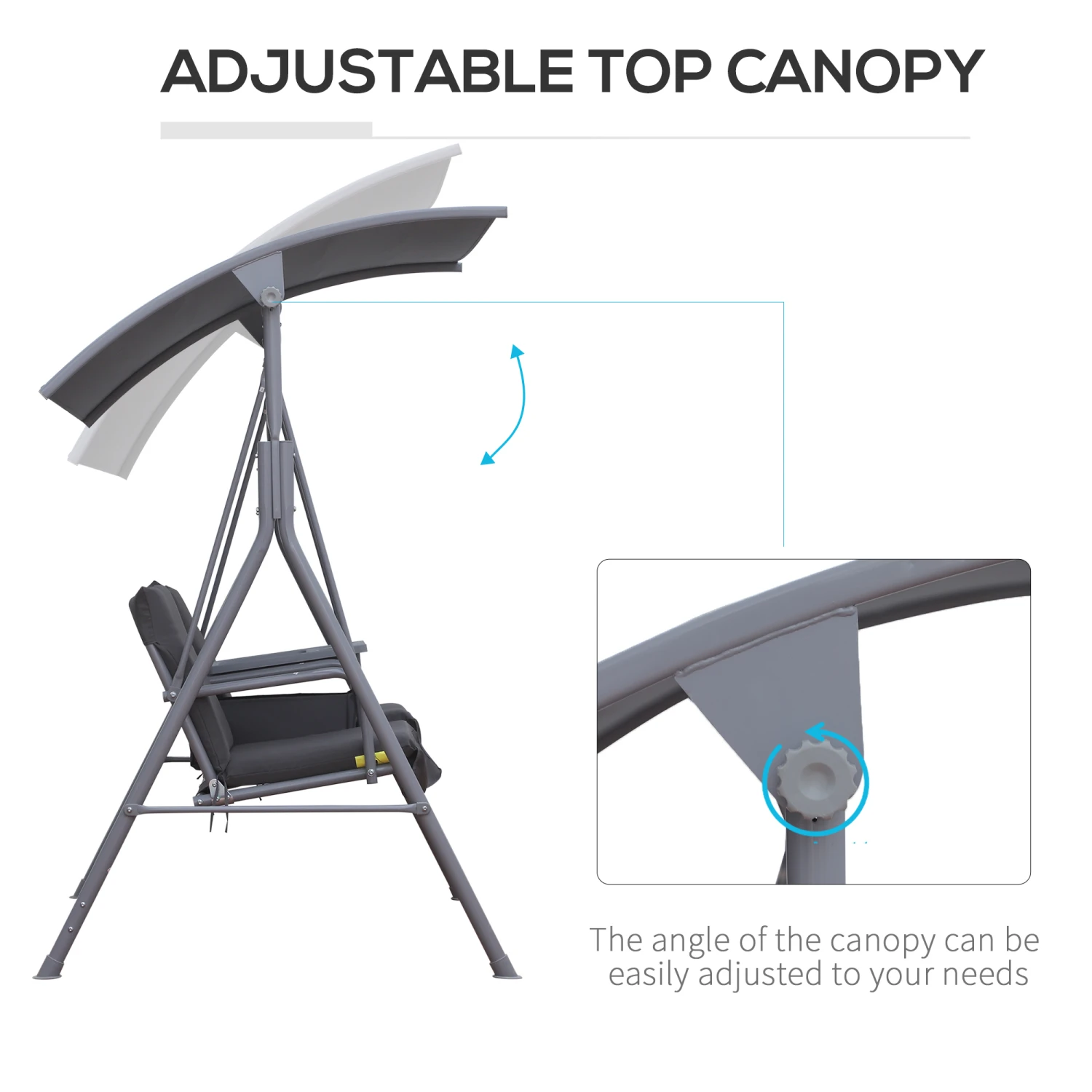 Outsunny 2 Person Porch Swing With Stand, Outdoor Swing With Canopy, Pivot Storage Table, 2 Cup Holders, Cushions For Patio, Backyard, Gray 5 Outsunny 2 Person Porch Swing With Stand, Outdoor Swing With Canopy, Pivot Storage Table, 2 Cup Holders, Cushions For Patio, Backyard, Gray - Image 5