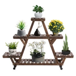Outsunny 56'' X 14'' X 41'' 4 Tier Wooden Plant Stand With Removable Wheels, Large Display Capacity & Wood Build - Brown -Outsunny oFDdaa17fe87ad454