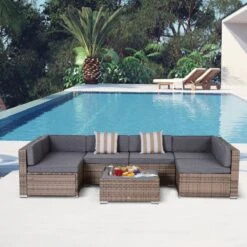 Outsunny 7 Piece Outdoor Patio Furniture Set, PE Rattan Wicker Sectional Sofa Patio Conversation Sets With Couch Cushions, Throw Pillows And Slat Coffee Table, Stripe, Gray -Outsunny oIybba17ef6294404