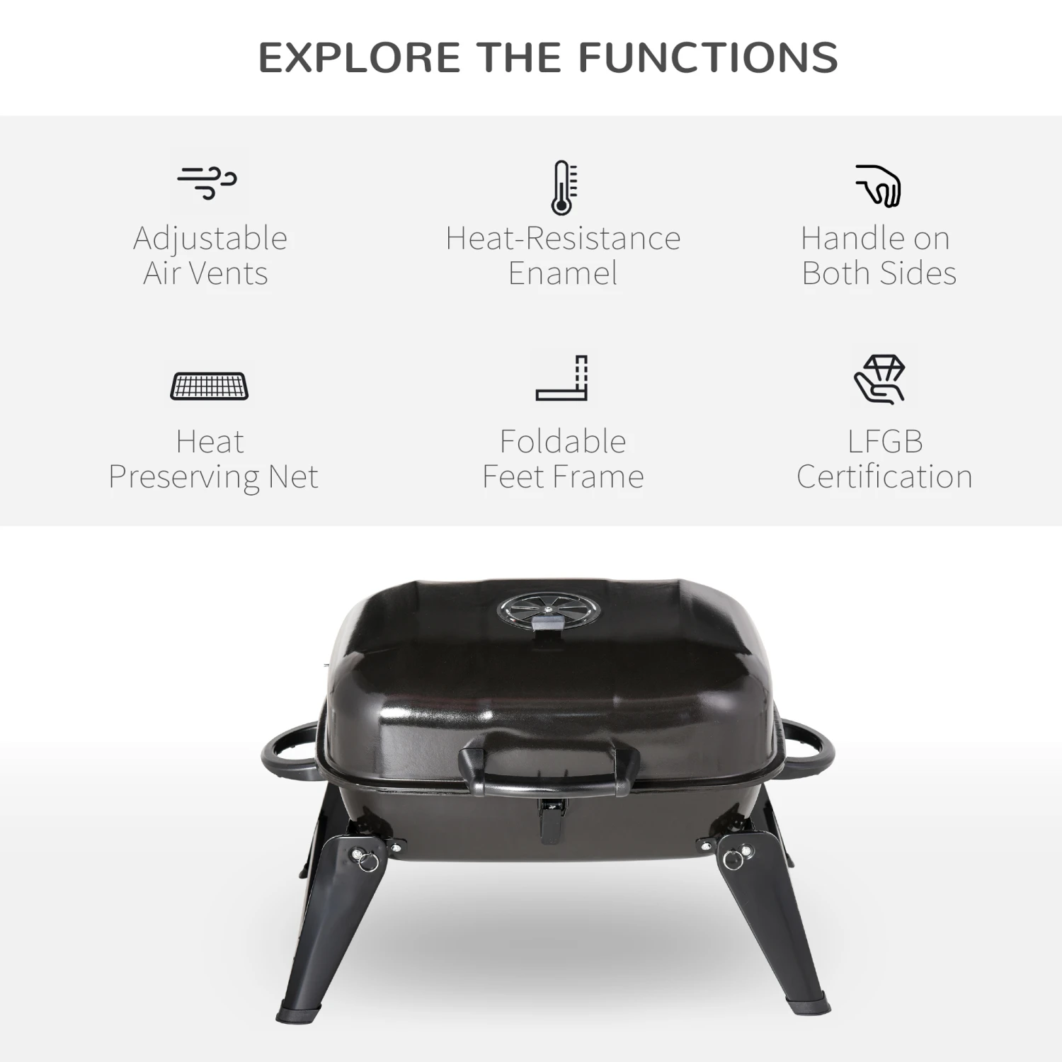 Outsunny 14" Portable Charcoal Grill, Tabletop Small BBQ Grill For Outdoor Cooking, Camping, Tailgating, Enamel Coated, Vent, Folding Legs, Black 4 Outsunny 14" Portable Charcoal Grill, Tabletop Small BBQ Grill For Outdoor Cooking, Camping, Tailgating, Enamel Coated, Vent, Folding Legs, Black - Image 4