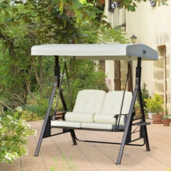Outsunny 2-Person Patio Swing Bench With Adjustable Shade Canopy, Soft Cushions, Throw Pillows And Tray, Beige. -Outsunny oc690f180b0b9b7af 1
