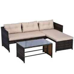 Outsunny 3 Piece Patio Furniture Set, Rattan Outdoor Sofa Set With Chaise Lounge & Loveseat, Soft Cushions, Tempered Glass Table, L-Shaped Sectional Couch, Beige