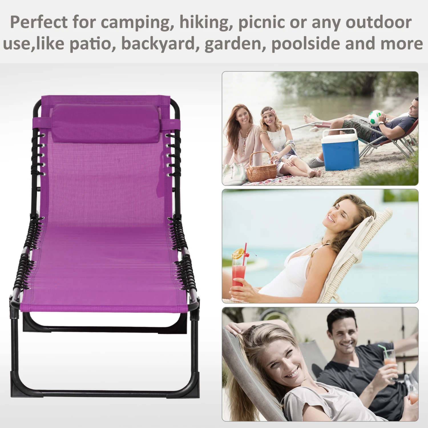 Outsunny Folding Chaise Lounge Pool Chairs, Outdoor Sun Tanning Chairs, Folding, Reclining Back, Steel Frame & Breathable Mesh For Beach, Yard, Patio, Purple 7 Outsunny Folding Chaise Lounge Pool Chairs, Outdoor Sun Tanning Chairs, Folding, Reclining Back, Steel Frame & Breathable Mesh For Beach, Yard, Patio, Purple - Image 7