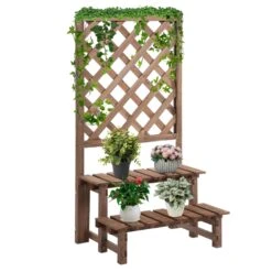 Outsunny Outdoor Plant Stand, Wooden Tiered Plant Shelf With Trellis For Climbing Vines, Ladder Flower Pot Display Stand For Patio Garden Balcony Living Room