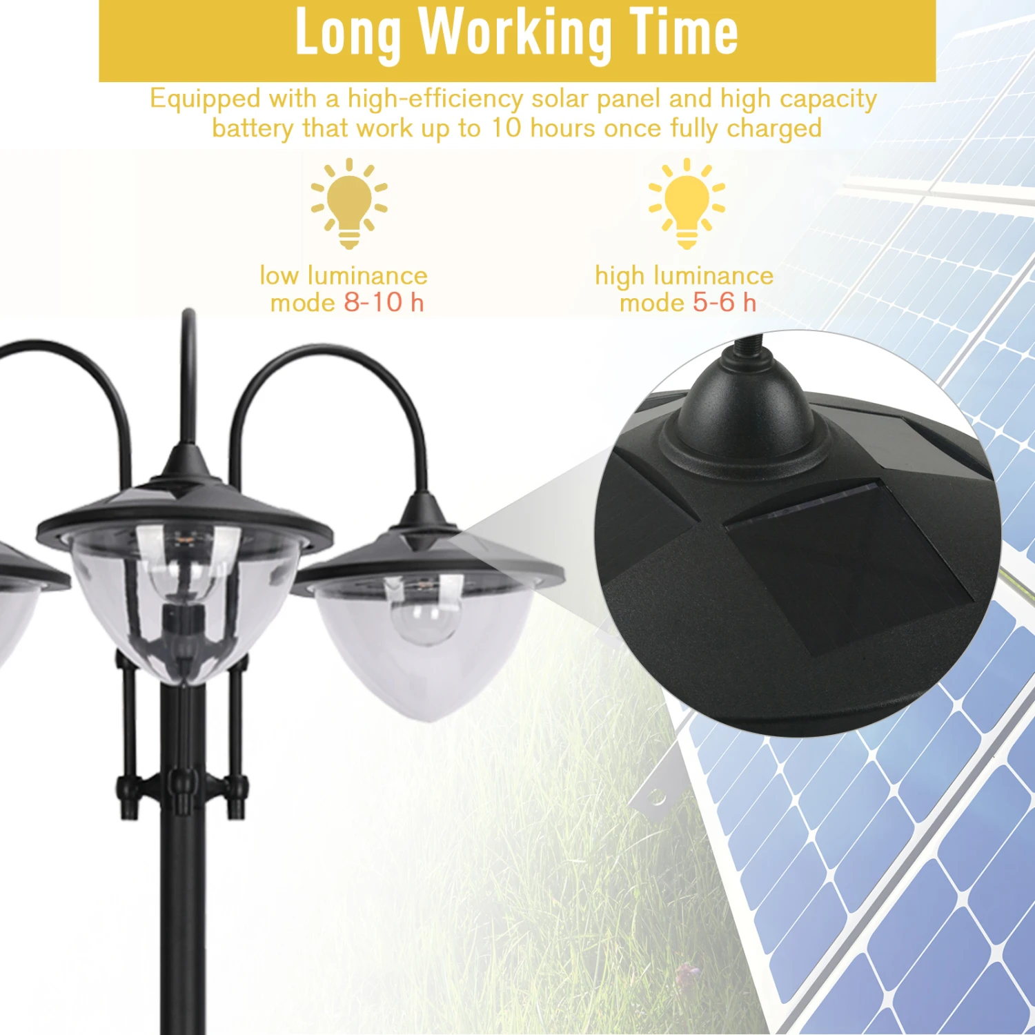 Outsunny 74.5" 3-head Solar Lamp Post Street Light With Planter, Automatic-on, 6 Hour Max Outdoor Ready LED Lighting, Black 4 Outsunny 74.5" 3-head Solar Lamp Post Street Light With Planter, Automatic-on, 6 Hour Max Outdoor Ready LED Lighting, Black - Image 4