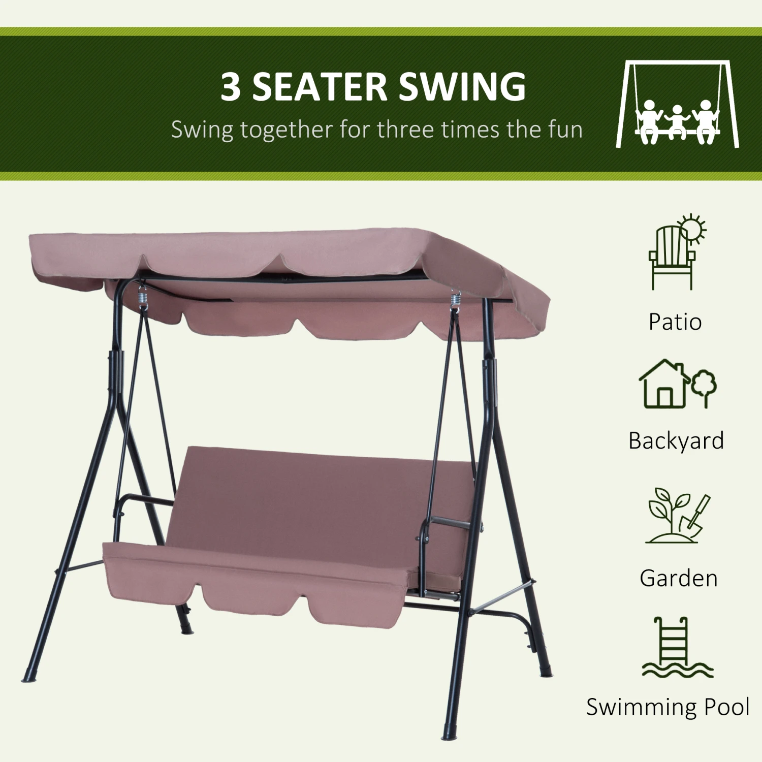 Outsunny 3-Seat Outdoor Patio Swing Chair With Removable Cushion, Steel Frame Stand And Adjustable Tilt Canopy For Patio, Garden, Poolside, Balcony, Backyard, Brown 7 Outsunny 3-Seat Outdoor Patio Swing Chair With Removable Cushion, Steel Frame Stand And Adjustable Tilt Canopy For Patio, Garden, Poolside, Balcony, Backyard, Brown - Image 7