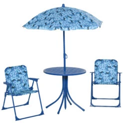 Outsunny Kids Folding Table And Chairs Set Shark Pattern For Outdoor Garden Patio Backyard With Removable & Height Adjustable Sun Umbrella, Blue
