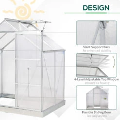 Outsunny 6' X 4' Hobby Greenhouse, Walk-in Polycarbonate Hot House Kit With Aluminum Frame, Sliding Door, Roof Vent, Silver 12 Outsunny 6' X 4' Hobby Greenhouse, Walk-in Polycarbonate Hot House Kit With Aluminum Frame, Sliding Door, Roof Vent, Silver -Outsunny pXma0918243e727db