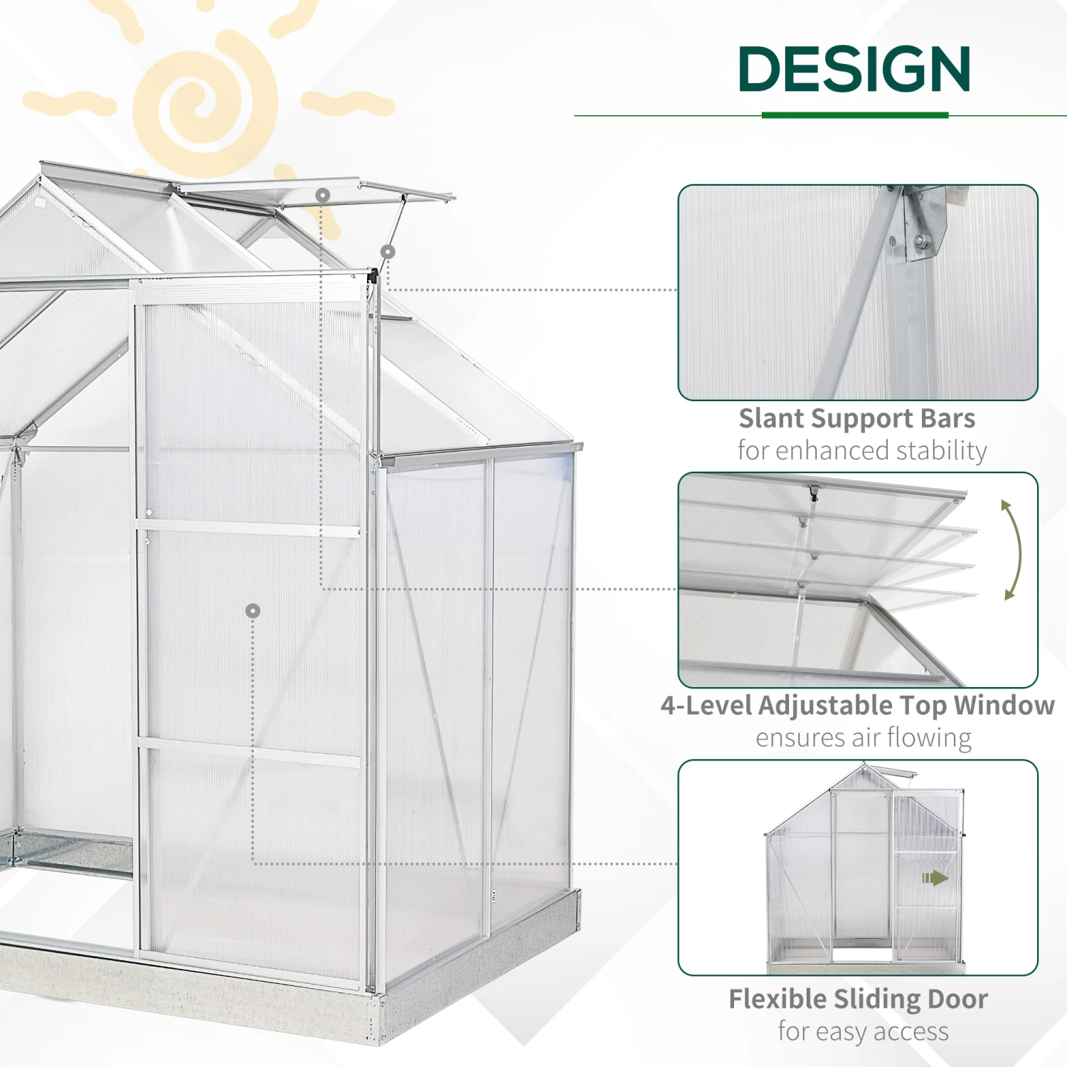 Outsunny 6' X 4' Hobby Greenhouse, Walk-in Polycarbonate Hot House Kit With Aluminum Frame, Sliding Door, Roof Vent, Silver 4 Outsunny 6' X 4' Hobby Greenhouse, Walk-in Polycarbonate Hot House Kit With Aluminum Frame, Sliding Door, Roof Vent, Silver - Image 4