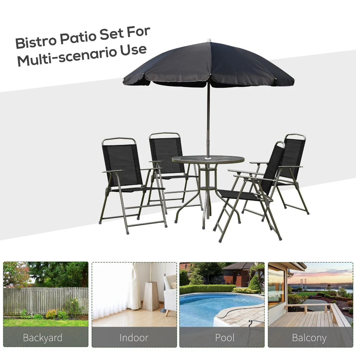 Outsunny 6 Piece Patio Dining Set For 4 With Umbrella, Outdoor Table And Chairs With 4 Folding Dining Chairs & Round Glass Table For Garden, Backyard And Poolside, Black 7 Outsunny 6 Piece Patio Dining Set For 4 With Umbrella, Outdoor Table And Chairs With 4 Folding Dining Chairs & Round Glass Table For Garden, Backyard And Poolside, Black - Image 7