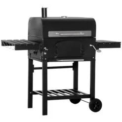 Outsunny 48" Charcoal BBQ Grill And Smoker Combo With Adjustable Height, Portable, Folding Shelves, Thermometer, Bottle Opener, And Wheels