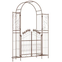Outsunny 7' Metal Garden Arbor, Garden Arch With Gate, Fleur De Lis Motif, Latching Doors, Planter Shelves For Climbing Vines, Ceremony, Weddings, Party, Garden, Backyard, Lawn, Brown