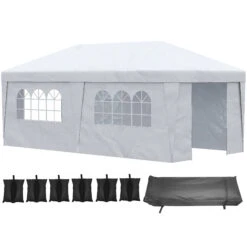 Outsunny 10' X 20' Pop Up Canopy Tent With Sidewalls, Height Adjustable Large Party Tent Event Shelter With Leg Weight Bags, Double Doors And Wheeled Carry Bag, For Garden, Patio, White