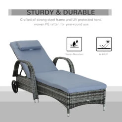 Outsunny Reclining Chaise Lounge Chair, Thickly Cushioned, Headrest, Armrests, Rolling Outdoor Plastic Rattan Sun Bathing Chair With Wheels For Poolside, Pool, Patio, Grey -Outsunny pm588c18243e7adcb