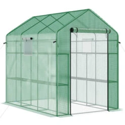 Outsunny 7' X 5' X 6' 2-Tier Shelf Greenhouse With Mesh Door & Windows, Trellis, Plant Labels, PE Cover, Steel Frame For Outdoor Garden Plant & Plant Use, Green