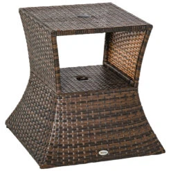 Outsunny Rattan Wicker Side Table With Umbrella Hole, 2 Tier Storage Shelf For All Weather For Outdoor, Patio, Garden, Backyard, Mixed Brown