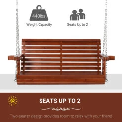 Outsunny Porch Swing With Chains And Cupholders, 2 Person Wooden Patio Swing Chair, 440 Lbs. Weight Capacity, For Garden, Poolside, Backyard, Brown -Outsunny pv088c181720ae65a