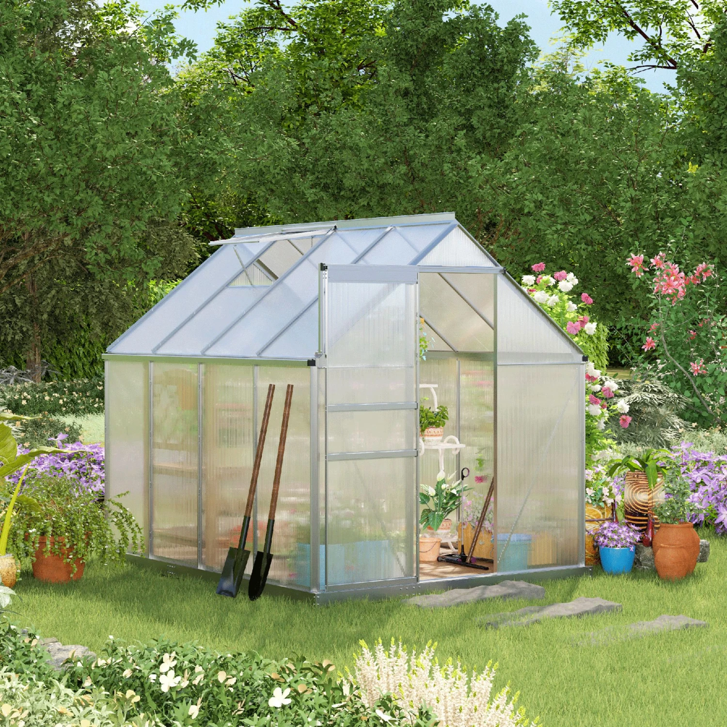 Outsunny 8' X 6' Aluminum Outdoor Greenhouse, Polycarbonate Walk-in Garden Greenhouse Kit With Adjustable Roof Vent, Rain Gutter And Sliding Door For Winter, Silver 2 Outsunny 8' X 6' Aluminum Outdoor Greenhouse, Polycarbonate Walk-in Garden Greenhouse Kit With Adjustable Roof Vent, Rain Gutter And Sliding Door For Winter, Silver - Image 2