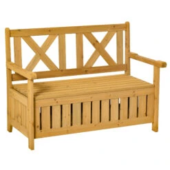 Outsunny Wooden Outdoor Storage Bench 2-Person Backyard Patio Bench With Louvered Side Panels & Wood Build, Yellow