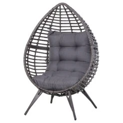 Outsunny Patio Wicker Egg Chair W/ Soft Cushion, Teardrop Cuddle Seat, Outdoor / Indoor Patio Chair, PE Plastic Rattan Furniture With Adjustable Height Feet Pads, Gray